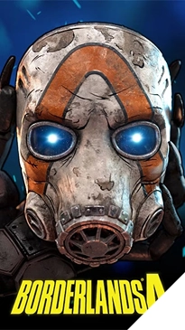 Coverafbeelding van het spel Borderlands 4 met het iconische maskerpersonage.