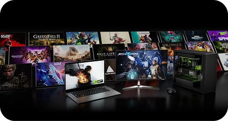 Meerdere gaming monitoren en grafische weergaven die moderne NVIDIA grafische technologie tonen.