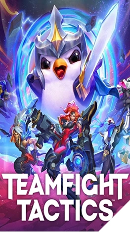 Teamfight Tactics cover met een pinguïnpersonage en fantasyhelden.