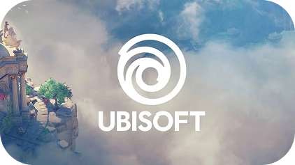 Logo van Ubisoft op een achtergrond met een zwevend eiland en wolken.
